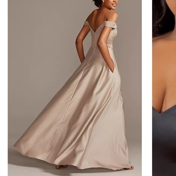 Off-Shoulder Satin A-Line Dress - Picture 3 of 10